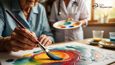 Женщина пожилого возраста рисует в кабинете врача